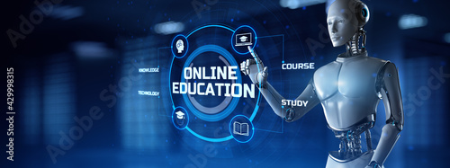 Online education e-learning concept. Robot pressing button on screen 3d render