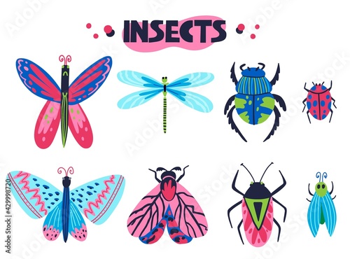 Insects set. Cartoon doodle bright colorful butterfly and dragonfly, hand drawn moth and beetle, ladybug and bug, beautiful pink and blue modern decor collection, vector isolated illustration