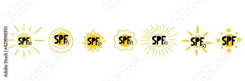 SPF sun set. Hand drawn doodle solar symbols, uv protection emblem labels, yellow sings with black letters and numbers, icons for sunscreen products and skin cosmetics vector isolated illustration
