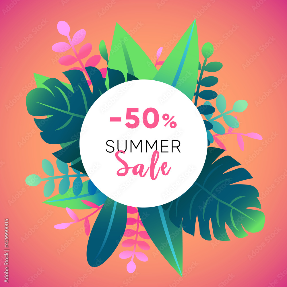 Summer tropic neon background. Exotic leaves, palm tree, tropical plants illustration for flyer, banner, social media post. Sale promotion vector template