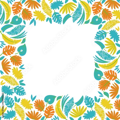 square summer frame with bright rainbow tropical leaves
