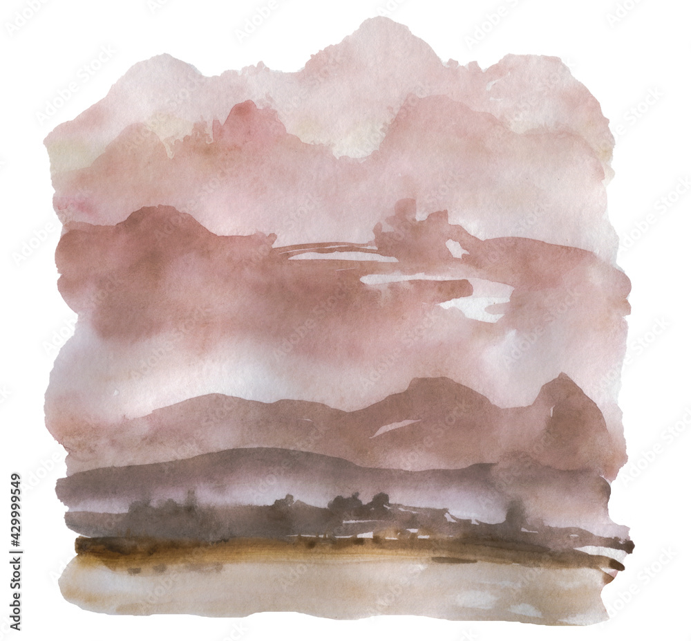 Fototapeta premium Mountain Landscape Painted watercolor illustration. Hand drawn isolated clipart