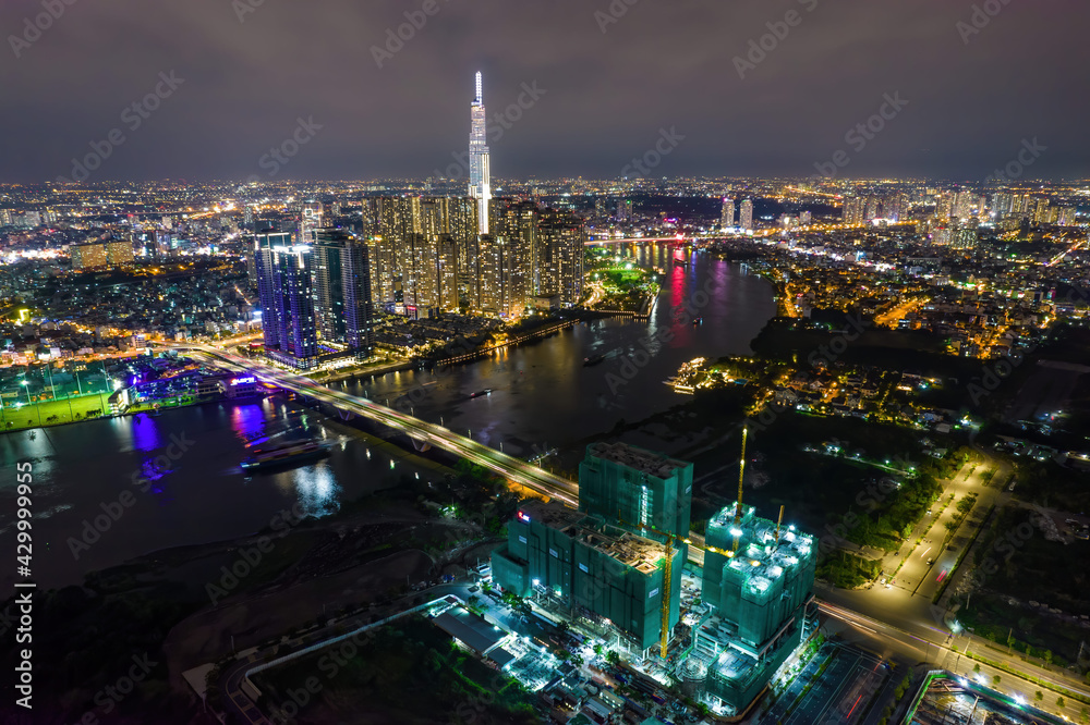 beauty skyscrapers along river light smooth down urban development. Financial and business centers in developed Vietnam