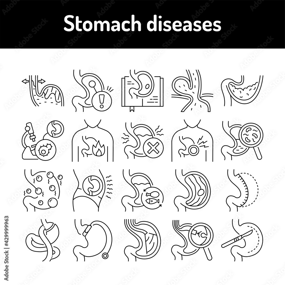Stomach diseases line icons set. Isolated vector element.