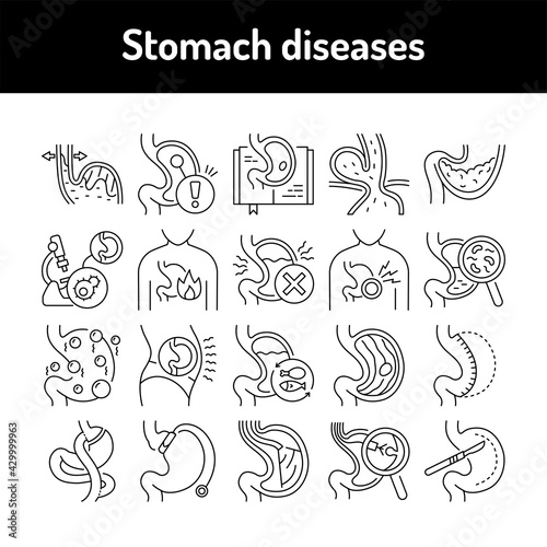 Stomach diseases line icons set. Isolated vector element.