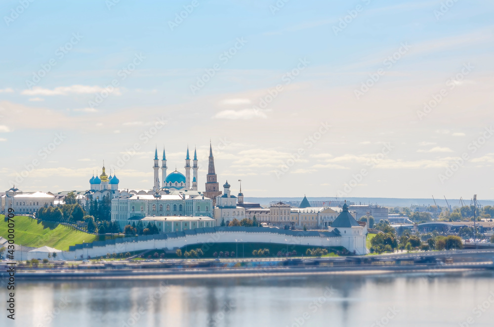 Kazan Kremlin and the river Kazanka against the blue summer sky