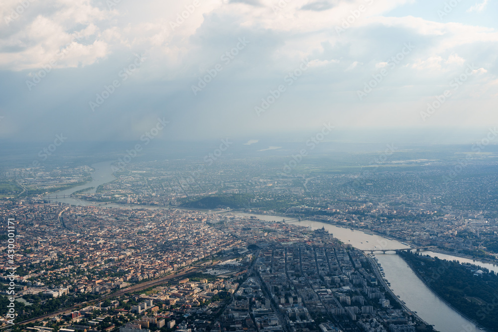 View from the plane window of the Margit-sziget island on the Danube in Budapest, Hungary