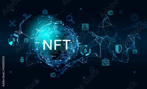 Non-fungible token hologram on virtual digital screen, nft with network circuit and globe. Dark background. Concept of cryptoart and technology photo