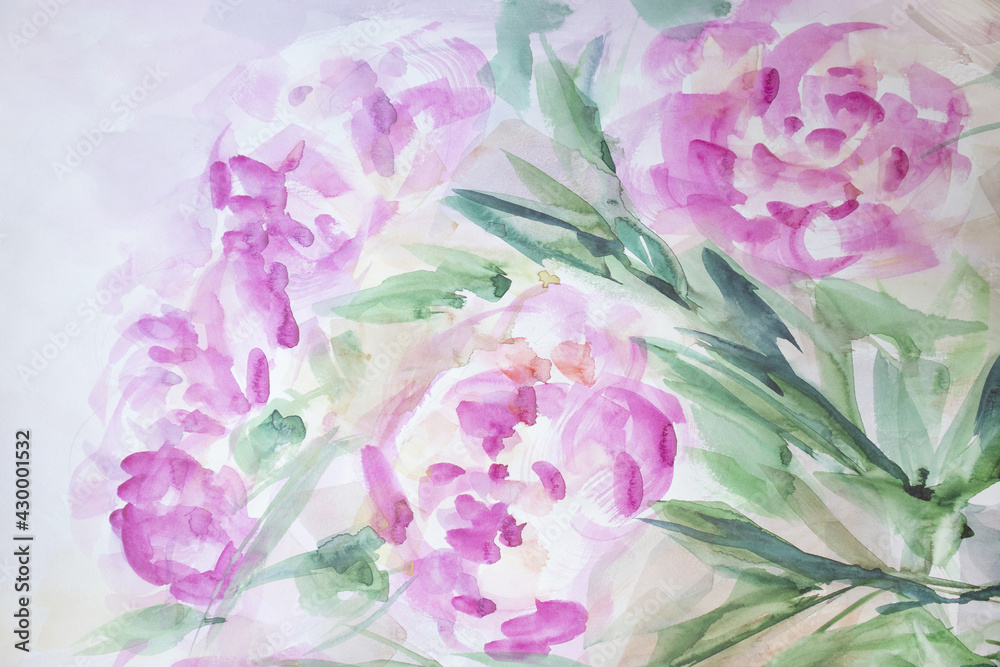 Beautiful blossoming flowers watercolor painting background. Lovely pastel colors relax wallpaper. Pretty peony flowers color of season 2022..