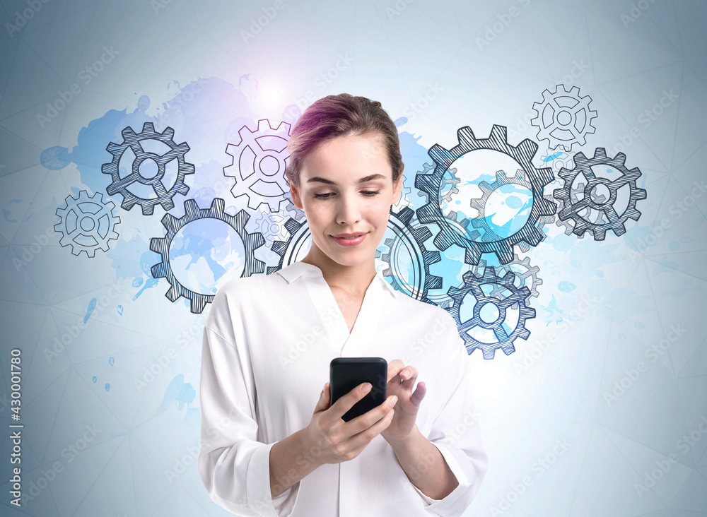 Businesswoman using phone in hands with gears sketch Businesswoman using phone in hands with gears sketch