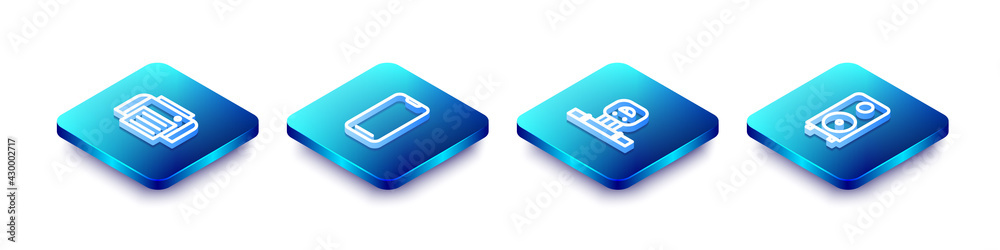 Set Isometric line Printer, Smartphone, sensor and Stereo speaker icon. Vector Set Isometric line Printer, Smartphone, sensor and Stereo speaker icon. Vector