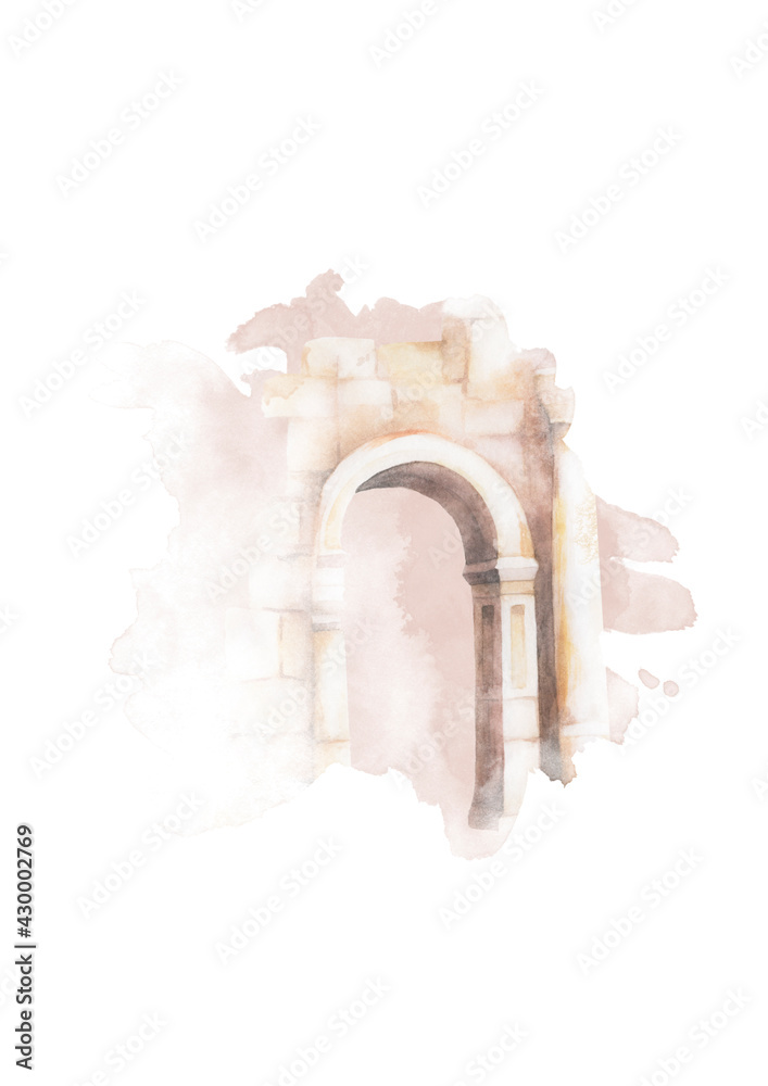 Fragment of an urban stone building with a spiral staircase, arch and door. Hand drawn watercolor ruin isolated on white background