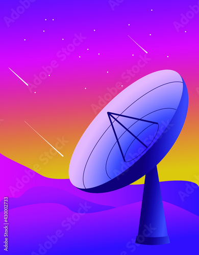 satellite dish in the rays of sunset on the desert under the twilight starry sky.