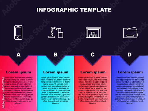 Set line Smartphone, Robotic robot arm hand factory, Warehouse and Printer. Business infographic template. Vector