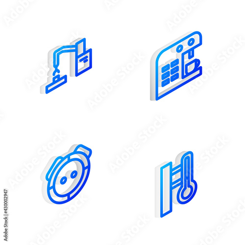 Set Isometric line Coffee machine, Robotic robot arm hand factory, vacuum cleaner and Meteorology thermometer icon. Vector