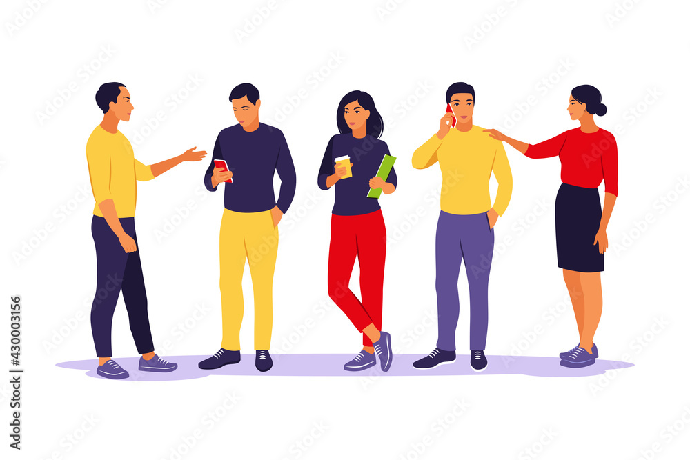 Fototapeta premium Young people standing and talking each other and phone. Communication and discussion concept. Vector illustration. Isolated flat.