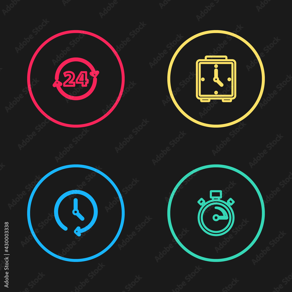 Set line Clock, Stopwatch, Alarm clock and 24 hours icon. Vector Set line Clock, Stopwatch, Alarm clock and 24 hours icon. Vector