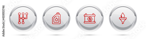 Set line Gear shifter, Canister for motor oil, Car battery and Funnel and drop. Silver circle button. Vector