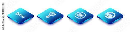 Set Isometric line Chassis car, Engine piston, Gear shifter and Steering wheel icon. Vector