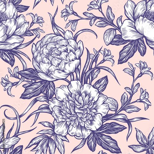 Illustration of graphic flowers and leaves. Seamless pattern for wallpaper and fabric design.