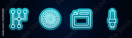 Set line Gear shifter, Alloy wheel, Canister for motor oil and Car spark plug. Glowing neon icon. Vector