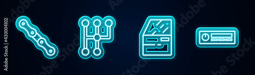Set line Car chain, Gear shifter, door and Audio. Glowing neon icon. Vector