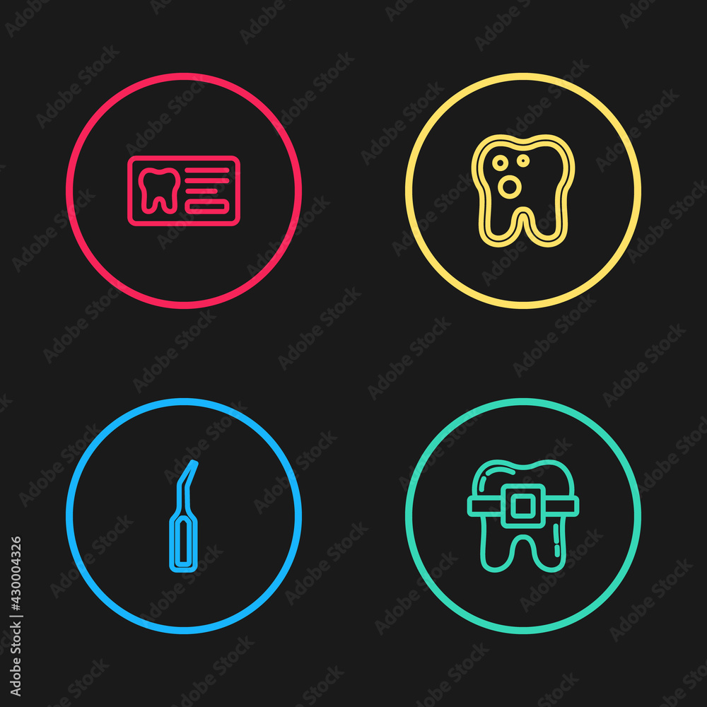 Set line Dental explorer scaler, Teeth with braces, Tooth caries and card icon. Vector