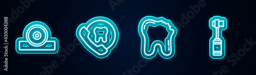 Set line Otolaryngological head reflector, Online dental care, Broken tooth and Toothbrush. Glowing neon icon. Vector