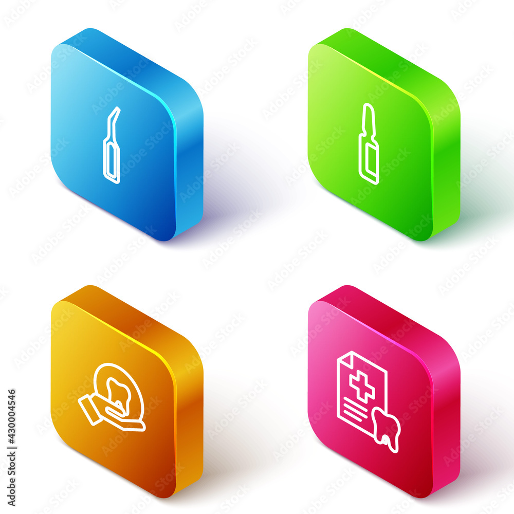 Set Isometric line Dental explorer scaler, Painkiller tablet, Tooth and card icon. Vector Set Isometric line Dental explorer scaler, Painkiller tablet, Tooth and card icon. Vector