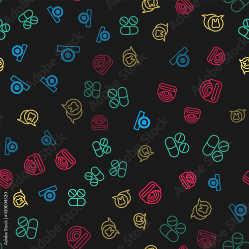 Set line Otolaryngological head reflector, Painkiller tablet, Tooth and Dental floss on seamless pattern. Vector