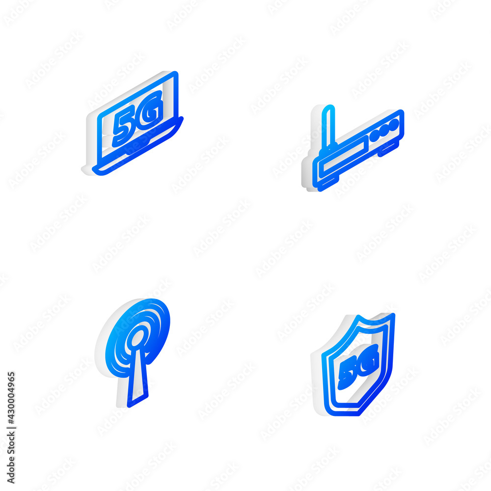 Set Isometric line Router and wi-fi signal, Laptop with 5G network, Antenna and Protective shield icon. Vector Set Isometric line Router and wi-fi signal, Laptop with 5G network, Antenna and Protective shield icon. Vector