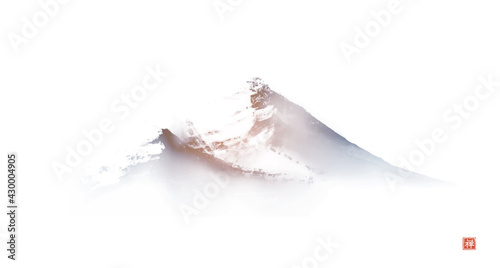 Distant misty mountains hand drawn with ink in simple and clean minimalist style. Traditional oriental ink painting sumi-e, u-sin, go-hua.Translation of hieroglyph - zen