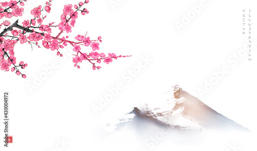 Blossoming branch of oriental cherry and misty mountains. Traditional oriental ink painting sumi-e, u-sin, go-hua. Sakura plum blossom. Hieroglyph - eternity