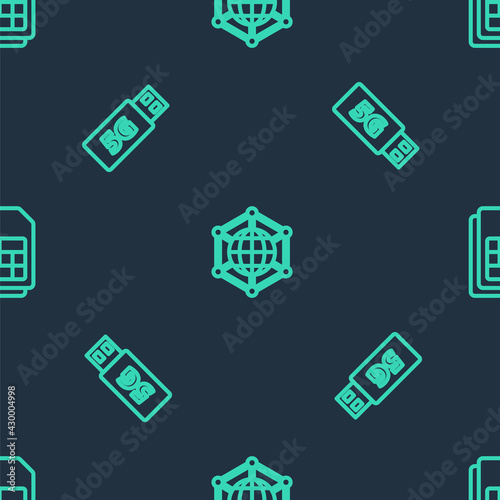 Set line Social network, 5G modem and Sim card on seamless pattern. Vector