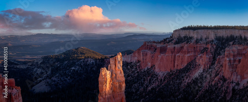 Aerial panoramic view of the beautiful American Canyon Landscape. Dramatic Colorful Sunset Sky Artistic Render. Taken in Bryce Canyon National Park, Utah, United States