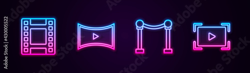 Set line Play Video, Online play video, Rope barrier and . Glowing neon icon. Vector