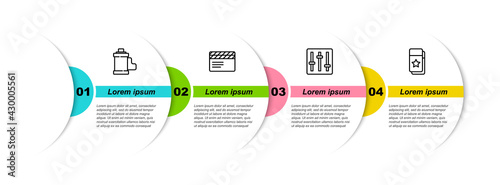 Set line Camera film roll cartridge, Movie clapper, Sound mixer controller and Cinema ticket. Business infographic template. Vector