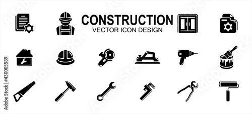 Simple Set of home job build construction Related Vector icon user interface graphic design. Contains such Icons as job description, folder, paint, helmet, hammer, planer, saw, wrench, drill and more