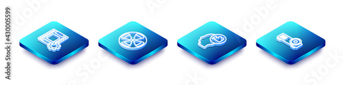Set Isometric line Play Video, Film reel, Head with camera and Media projector icon. Vector
