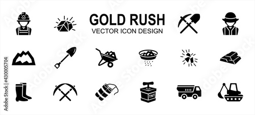 Simple Set of gold rush mining Related Vector icon user interface graphic design. Contains such Icons as gold nugget, spade, worker, job, mountain, wheelbarrow, pan, panning, dynamite, truck, boots