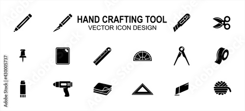 Simple Set of creativity hand crafting tools Related Vector icon user interface graphic design. Contains such Icons as pencil, blade pen, scissor, pin, ruler, board, tape, glue gun, yarn, paper