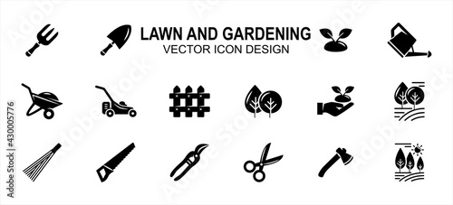 Simple Set of lawn and gardening maintenance Related Vector icon user interface graphic design. Contains such Icons as fork, spade, plant, wheelbarrow, fence, grass mower, seed, tree, axe, saw,