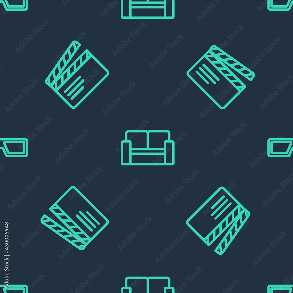 Set line Cinema chair, Movie clapper and 3D cinema glasses on seamless pattern. Vector Set line Cinema chair, Movie clapper and 3D cinema glasses on seamless pattern. Vector