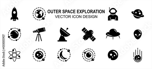 Simple Set of outer space exploration Related Vector icon user interface graphic design. Contains such Icons as rocket, satellite, orbit, solar system, periscope, alien, ship, revolution track,