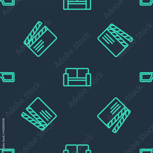 Set line Cinema chair, Movie clapper and 3D cinema glasses on seamless pattern. Vector