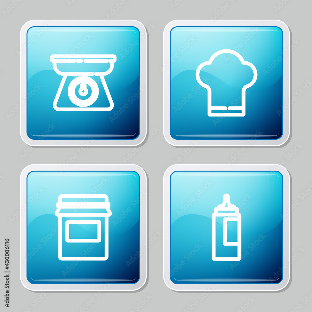 Set line Scales, Chef hat, Jam jar and Sauce bottle icon. Vector Set line Scales, Chef hat, Jam jar and Sauce bottle icon. Vector