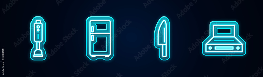 Set line Blender, Refrigerator, Knife and Kitchen extractor fan. Glowing neon icon. Vector Set line Blender, Refrigerator, Knife and Kitchen extractor fan. Glowing neon icon. Vector