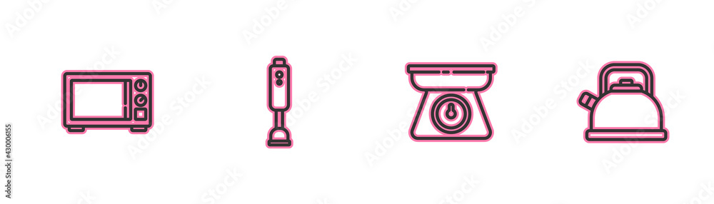 Set line Microwave oven, Scales, Blender and Kettle with handle icon. Vector Set line Microwave oven, Scales, Blender and Kettle with handle icon. Vector