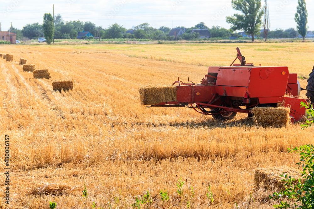 Fototapeta premium Rectangular baler discharges a straw bale in a field during the harvesting process