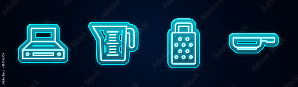 Set line Kitchen extractor fan, Measuring cup, Grater and Frying pan. Glowing neon icon. Vector Set line Kitchen extractor fan, Measuring cup, Grater and Frying pan. Glowing neon icon. Vector